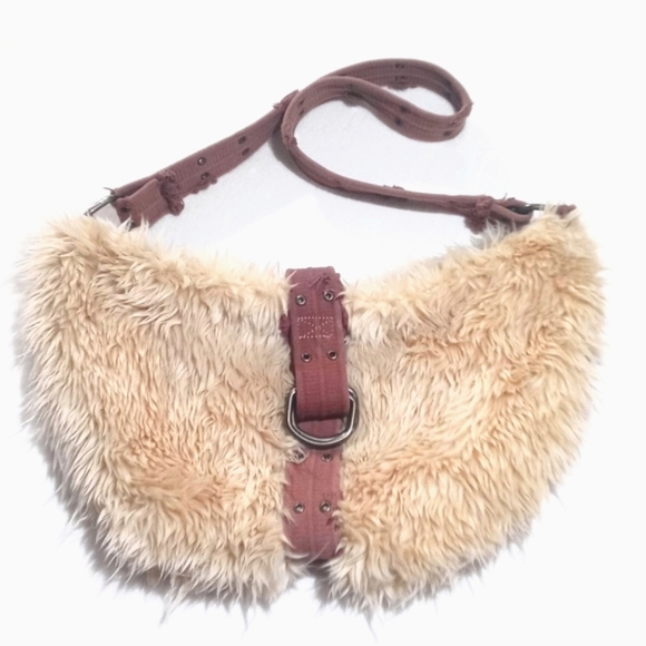 Vintage Faux Fur Burning Man Purse / Hobo Bag Thick Canvas Straps Brass Hardware - Picture 8 of 13